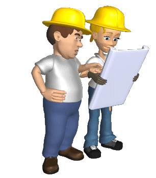 Two animated construction workers reviewing plans